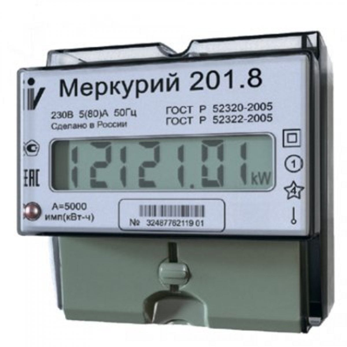 Счетчик "Меркурий" 201.8 1ф 5-80А 1 класс точн. 1 тариф.; имп. вых.