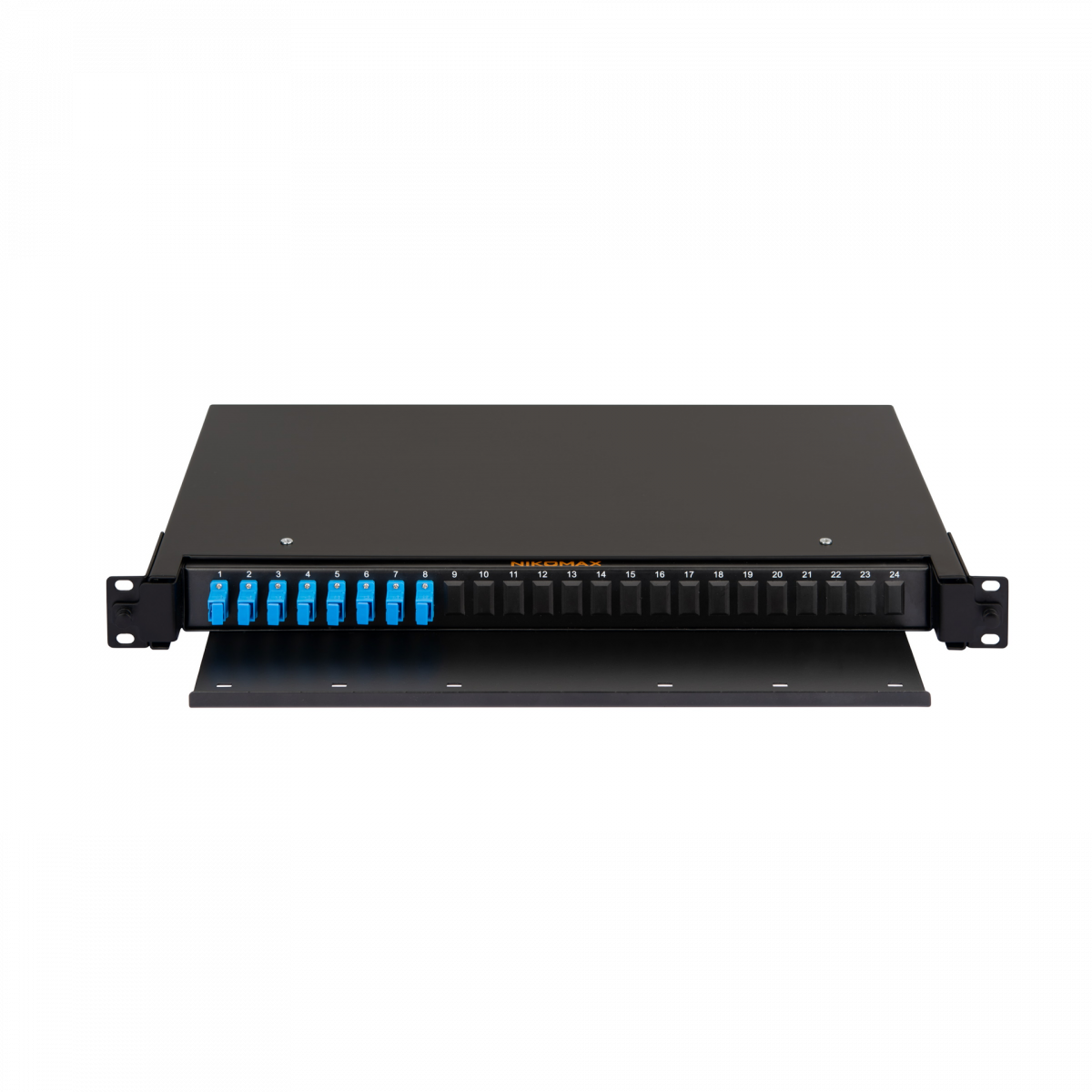Оптический кросс NIKOMAX 19" Premium Line, 1U, укомплектованный на 8 портов SC/UPC (8 одинарных SC/UPC адаптеров) SM 9/125 OS2, выдвижной