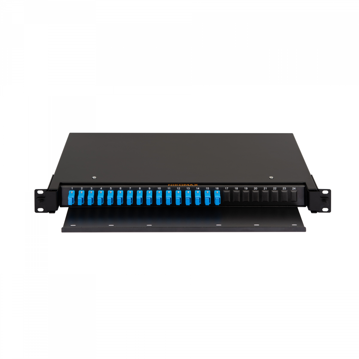 Оптический кросс NIKOMAX 19" Premium Line, 1U, укомплектованный на 16 портов SC/UPC (16 одинарных SC/UPC адаптеров), SM 9/125 OS2, выдвижной