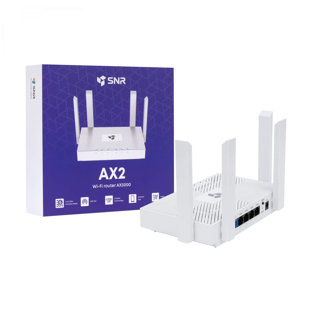 Беспроводной маршрутизатор SNR AX2, 802.11a/b/g/n/ac/ax, 5xGE RJ45